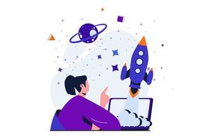 concepto plano moderno de inicio de negocios para diseño de banner web. mujer emprendedora crea y lanza un nuevo proyecto sobre una nave espacial voladora y trabaja en una computadora portátil. ilustración vectorial con escena de personas aisladas vector