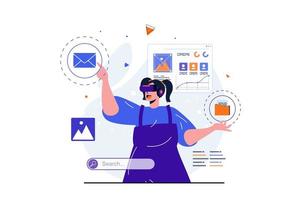 Cyberspace modern flat concept for web banner design. Happy woman in VR glasses touching buttons and interacts with folders in simulated dashboard. Vector illustration with isolated people scene