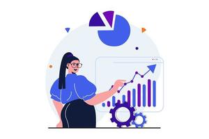 Marketing modern flat concept for web banner design. Woman marketer analyzes data of advertising campaign and ctreates business development strategy. Vector illustration with isolated people scene