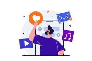 concepto plano moderno de marketing digital para diseño de banner web. el hombre hace publicidad y promoción en línea en chats y mensajeros, hace correos promocionales. ilustración vectorial con escena de personas aisladas vector