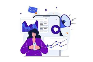 concepto plano moderno de marketing digital para diseño de banner web. mujer analiza datos de campañas publicitarias y estudios de mercado para promover el comercio electrónico. ilustración vectorial con escena de personas aisladas vector