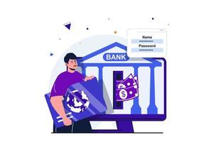 concepto plano moderno de banca móvil para diseño de banner web. cliente hombre que usa tarjeta de crédito, realiza transacciones financieras y transferencias seguras en línea. ilustración vectorial con escena de personas aisladas vector