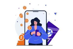 concepto plano moderno de banca móvil para diseño de banner web. la mujer usa la aplicación móvil para pagar con tarjeta de crédito y acumular dinero en la cuenta. ilustración vectorial con escena de personas aisladas vector