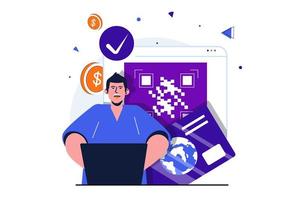 Secure payment modern flat concept for web banner design. Man buys online and making payment with credit card in website. Protection of transactions. Vector illustration with isolated people scene