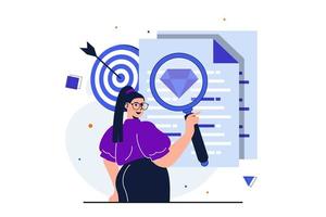 Searching for opportunities modern flat concept for web banner design. Woman with magnifier looking for best offer for new vacancy or hiring employee. Vector illustration with isolated people scene