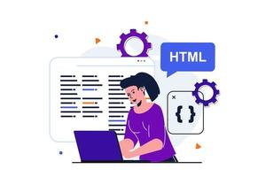 Programmer working modern flat concept for web banner design. Woman developer programs in html, tests code, works on laptop in office of IT company. Vector illustration with isolated people scene