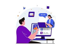 Teamwork modern flat concept for web banner design. Employees working and communicate via video call, discuss tasks in work chat, cooperate together. Vector illustration with isolated people scene