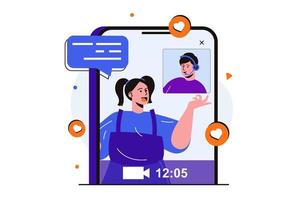 video chat moderno concepto plano para el diseño de banner web. mujer y hombre hablando usando la aplicación de videollamada móvil. la joven está transmitiendo en vivo en la pantalla. ilustración vectorial con escena de personas aisladas vector