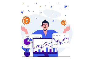 Stock market modern flat concept for web banner design. Successful trader earns money on profitable trades, analyzes financial data and statistics. Vector illustration with isolated people scene