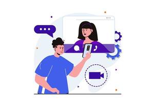 video chat moderno concepto plano para el diseño de banner web. el hombre hace una videollamada usando un teléfono móvil y se comunica con la mujer. reunión en línea de amigos. ilustración vectorial con escena de personas aisladas vector