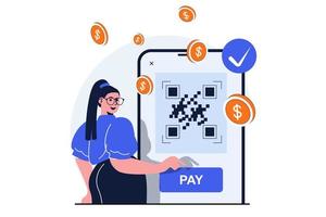 concepto plano moderno de pago seguro para diseño de banner web. la mujer compra de forma segura en Internet y realiza transacciones utilizando el código qr en la aplicación para teléfonos inteligentes. ilustración vectorial con escena de personas aisladas vector