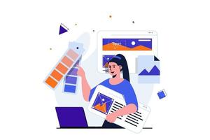 diseñador web concepto plano moderno para diseño de banner web. la mujer dibuja elementos gráficos, selecciona colores en la paleta, crea y optimiza el diseño del sitio. ilustración vectorial con escena de personas aisladas vector