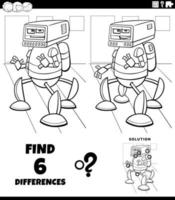 differences game with cartoon robot character coloring book page vector