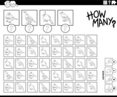 how many cartoon birds counting game coloring book page vector