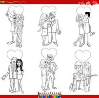 cartoon couples in love on Valentine Day coloring book page vector