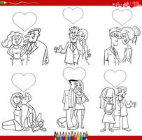 cartoon couples in love on Valentine Day coloring book page vector