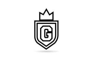black and white G alphabet letter icon logo with shield and king crown line design. Creative template for business and company vector