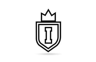 black and white I alphabet letter icon logo with shield and king crown line design. Creative template for business and company vector