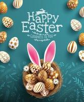 Easter poster and banner template with golden Easter eggs in the nest on blackboard.Greetings and presents for Easter Day in flat lay styling.Promotion and shopping template for Easter vector