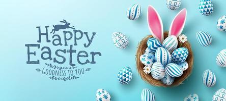 Easter poster and banner template with Easter eggs in the nest on light blue background.Greetings and presents for Easter Day in flat lay styling.Promotion and shopping template for Easter vector