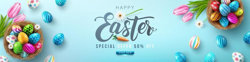 Easter poster and banner template with Easter eggs in the nest on light green background.Greetings and presents for Easter Day in flat lay styling.Promotion and shopping template for Easter vector