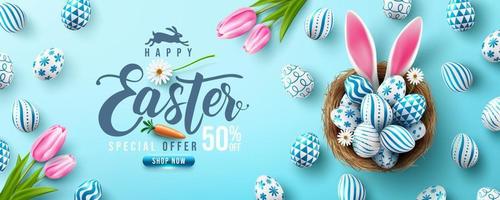 Easter poster and banner template with Easter eggs in the nest on light green background.Greetings and presents for Easter Day in flat lay styling.Promotion and shopping template for Easter vector