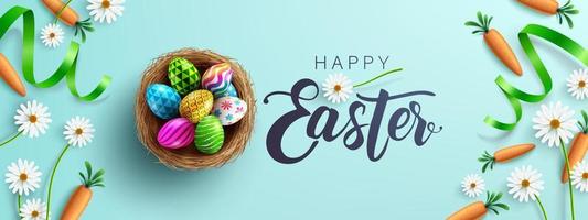 Easter poster and banner template with Fower, carrots and Easter eggs in the nest on table.Greetings and presents for Easter Day in flat lay styling.Promotion and shopping template for Easter Day vector
