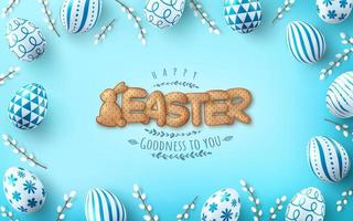 cartel de pascua y plantilla de pancarta con huevos de pascua y galletas de letras en verde claro. saludos y regalos para el día de pascua en estilo plano. promoción y plantilla de compras para pascua vector