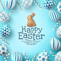 Easter poster and banner template with Easter eggs and Cute bunny Biscuit on light green background.Greetings and presents for Easter Day in flat lay styling.Promotion and shopping template for Easter vector