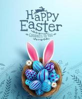 Easter poster and banner template with Easter eggs in the nest on light blue background.Greetings and presents for Easter Day in flat lay styling.Promotion and shopping template for Easter vector