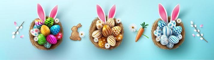 cartel de pascua y plantilla de pancarta con huevos de pascua y orejas de conejo en el nido sobre fondo azul.saludos y regalos para el día de pascua en estilo plano.promoción y plantilla de compras para pascua vector