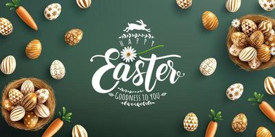 cartel de pascua y plantilla de pancarta con huevos de pascua dorados en el nido sobre fondo verde.saludos y regalos para el día de pascua en estilo plano.promoción y plantilla de compras para pascua vector