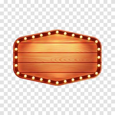 Vintage lighted wooden sign on transparent background.Empty wooden board and retro style banner with light bulbs.Vector illustration eps 10