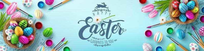 Easter poster and banner template with Easter eggs in the nest on light green background.Greetings and presents for Easter Day in flat lay styling.Promotion and shopping template for Easter vector