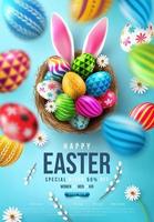 cartel de pascua y plantilla de volante con huevos de pascua en el nido y orejas de conejo sobre fondo azul. saludos y regalos para el día de pascua en estilo plano. promoción y plantilla de compras para pascua vector