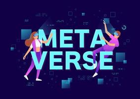 Metaverse or Virtual reality technology concept. Man and woman in digital glasses. Teenage gamer wearing VR headset playing game. vector