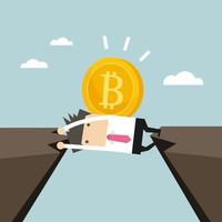 Businessman trapped in a cliff with a Bitcoin on his back. Bitcoin hold digital cryptocurrencies concept. vector