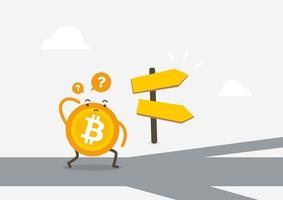 bitcoin frente a una elección del camino. concepto de dibujos animados de criptomonedas. vector