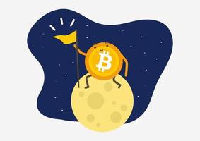 bitcoin parado en la luna y sosteniendo una bandera. concepto de dibujos animados de criptomonedas. vector