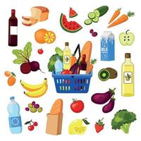 Set for products. Vegetables, fruits, drinks, bread, wine, vegetable oil. vector
