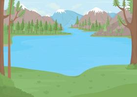 Lake surrounded by snow capped mountains flat color vector illustration