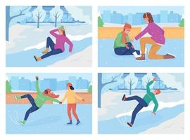 Slipping on ice flat color vector illustration set