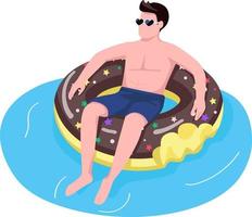 Man in sunglasses in donut air mattress semi flat color vector character