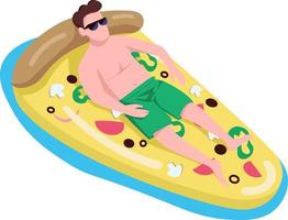 Man in sunglasses in pizza air mattress semi flat color vector character