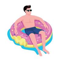 Man relaxing in donut air mattress semi flat color vector character