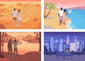 Romantic getaway with beloved flat color vector illustration set