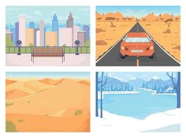 Seasonal landscapes flat color vector illustration set