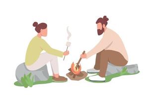 Couple roasting marshmallows on sticks semi flat color vector characters