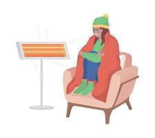 Cold girl at heater lamp semi flat color vector character