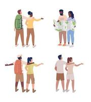 Couples traveling together semi flat color vector characters set